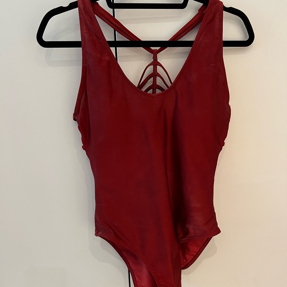Burgundy Red One Piece Swimsuit with back cut out and straps